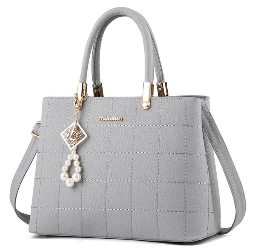 Square Print Leather Hand Bag
